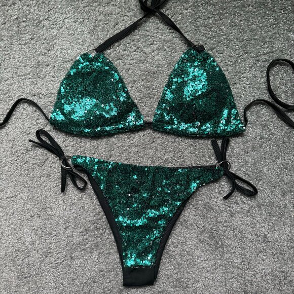 Green Blue Aqua marine Sequin String Bikini 2 Piece - Picture 2 of 4